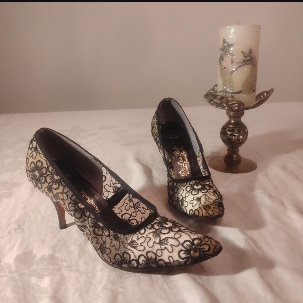 Vintage 1950s-60s De Liso Debs Palter Deliso Cream Black Floral Lace Stiletto He - Picture 2 of 10
